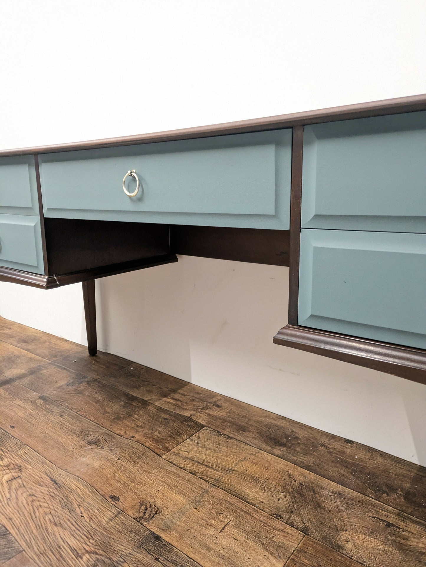 Vintage Stag Minstrel Dressing Table, Desk Dark Wood and Green Blue. Painted Upcycled Furniture