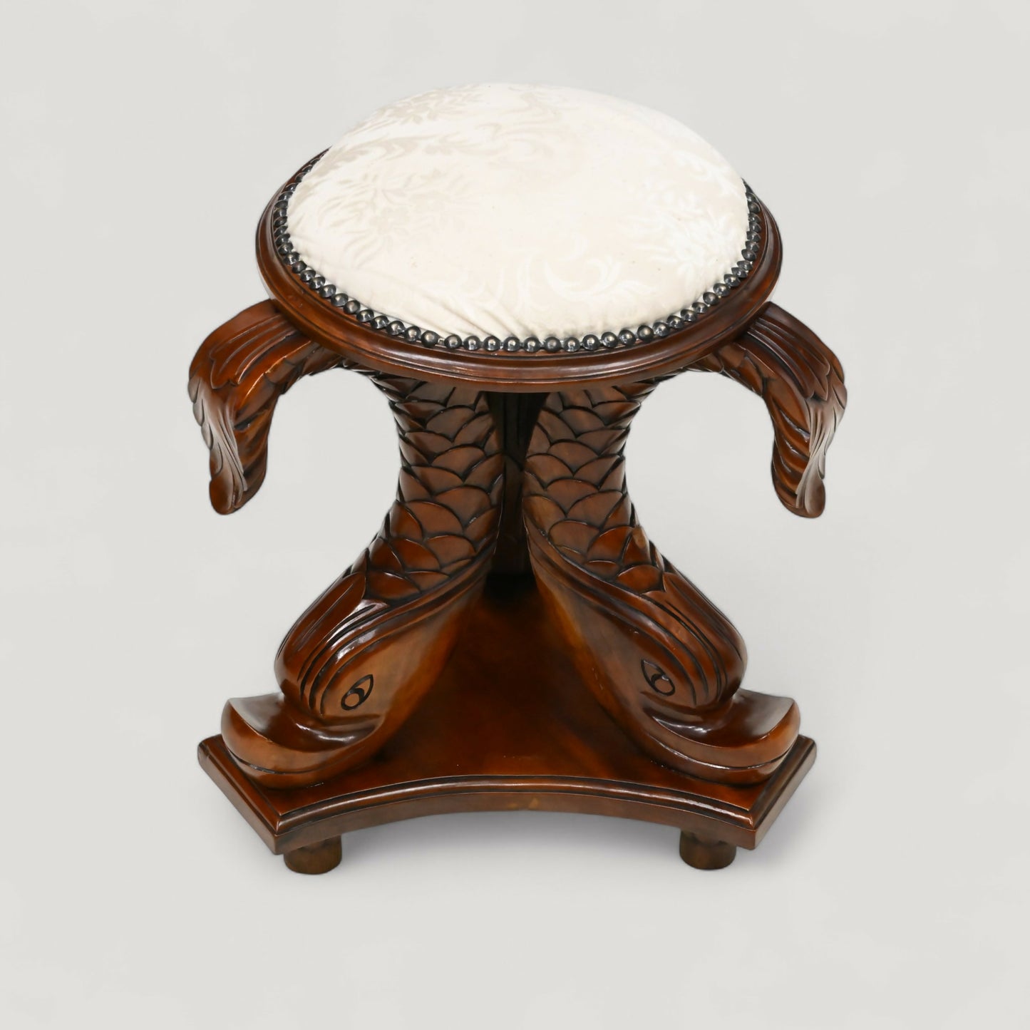 Chinese Dressing Stool Fish Carvings Studded Upholstered Seat FREE UK Delivery. SBR10753/2307E