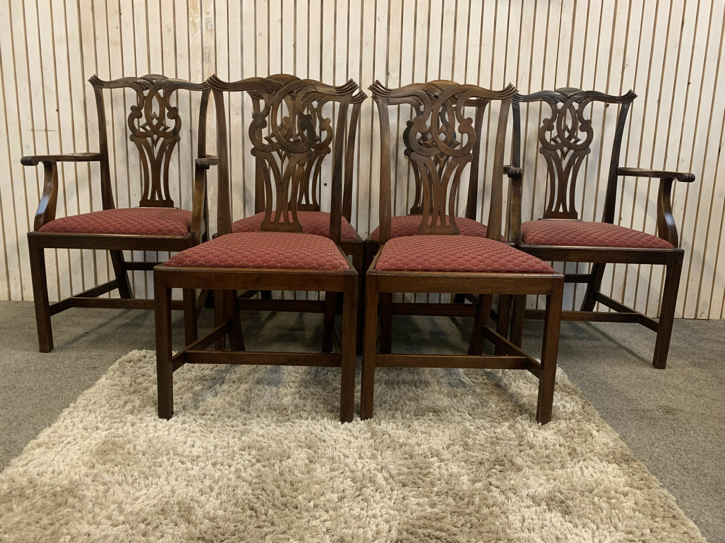 6 Mahogany Chippendale Style Dining Chairs with Red Upholstered drop-in seats.