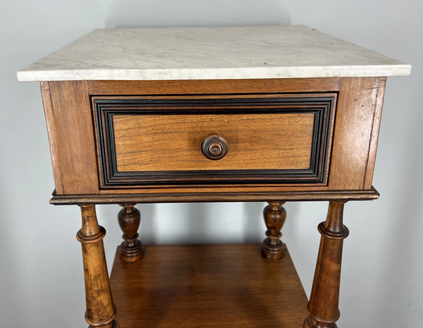 Bedside Table Antique French Style Marble Top Walnut Cupboard Cabinet LOT 4043