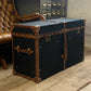 Vintage English Black Millerain Canvas & Tan Leather Coffee Table Trunk