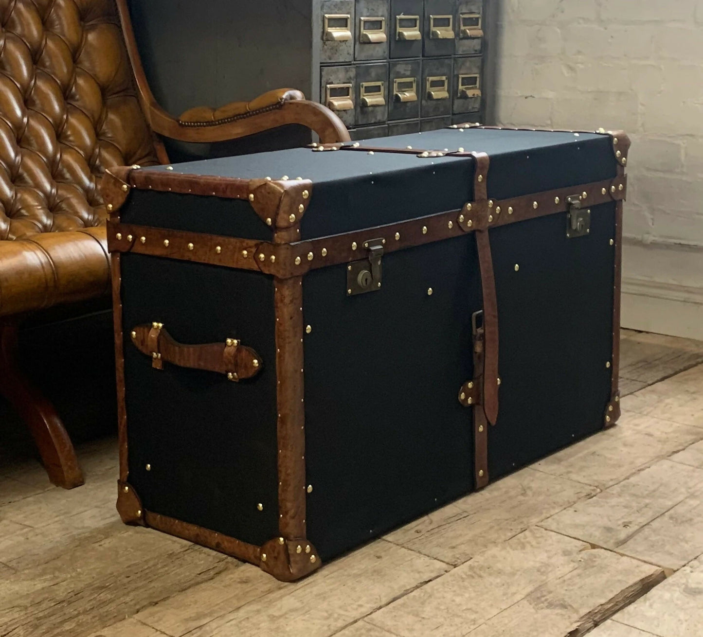 Vintage English Black Millerain Canvas & Tan Leather Coffee Table Trunk