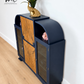 Curved Art Deco walnut drinks cocktail cabinet in navy blue and gold with peacock design. Glass display, Drinks cabinet, Sideboard