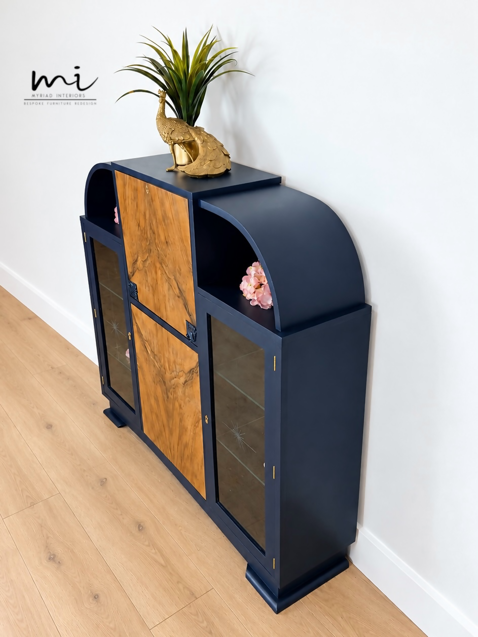 Curved Art Deco walnut drinks cocktail cabinet in navy blue and gold with peacock design. Glass display, Drinks cabinet, Sideboard