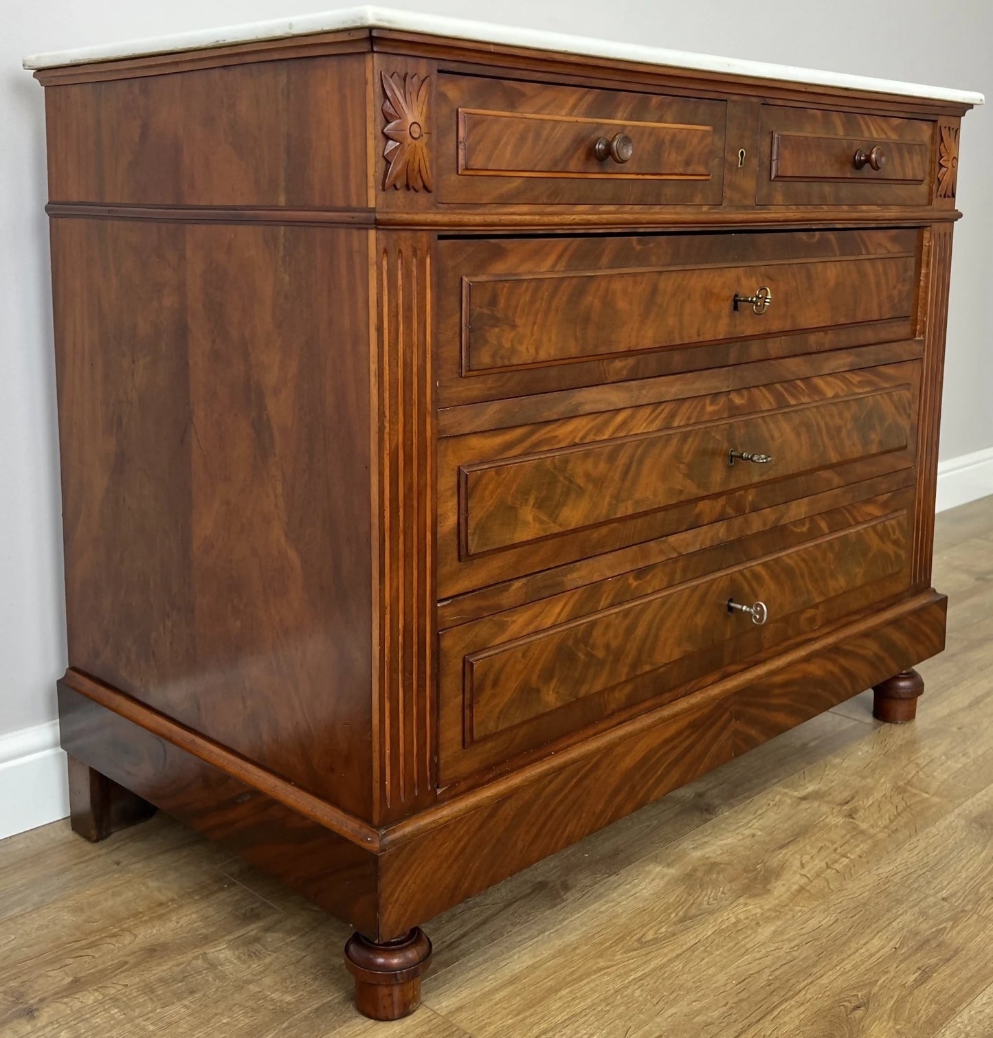 Chest of Drawers Antique French Walnut Marble Top 5 Drawers Cabinet LOT 6349