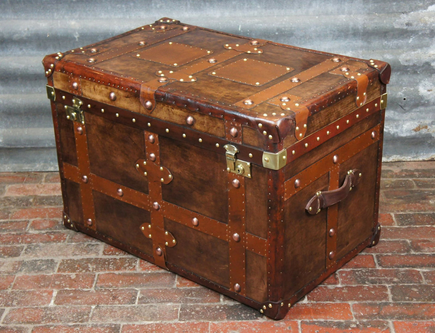 Antique Inspired English Leather Steamer Trunk Interior Coffee Table End Table