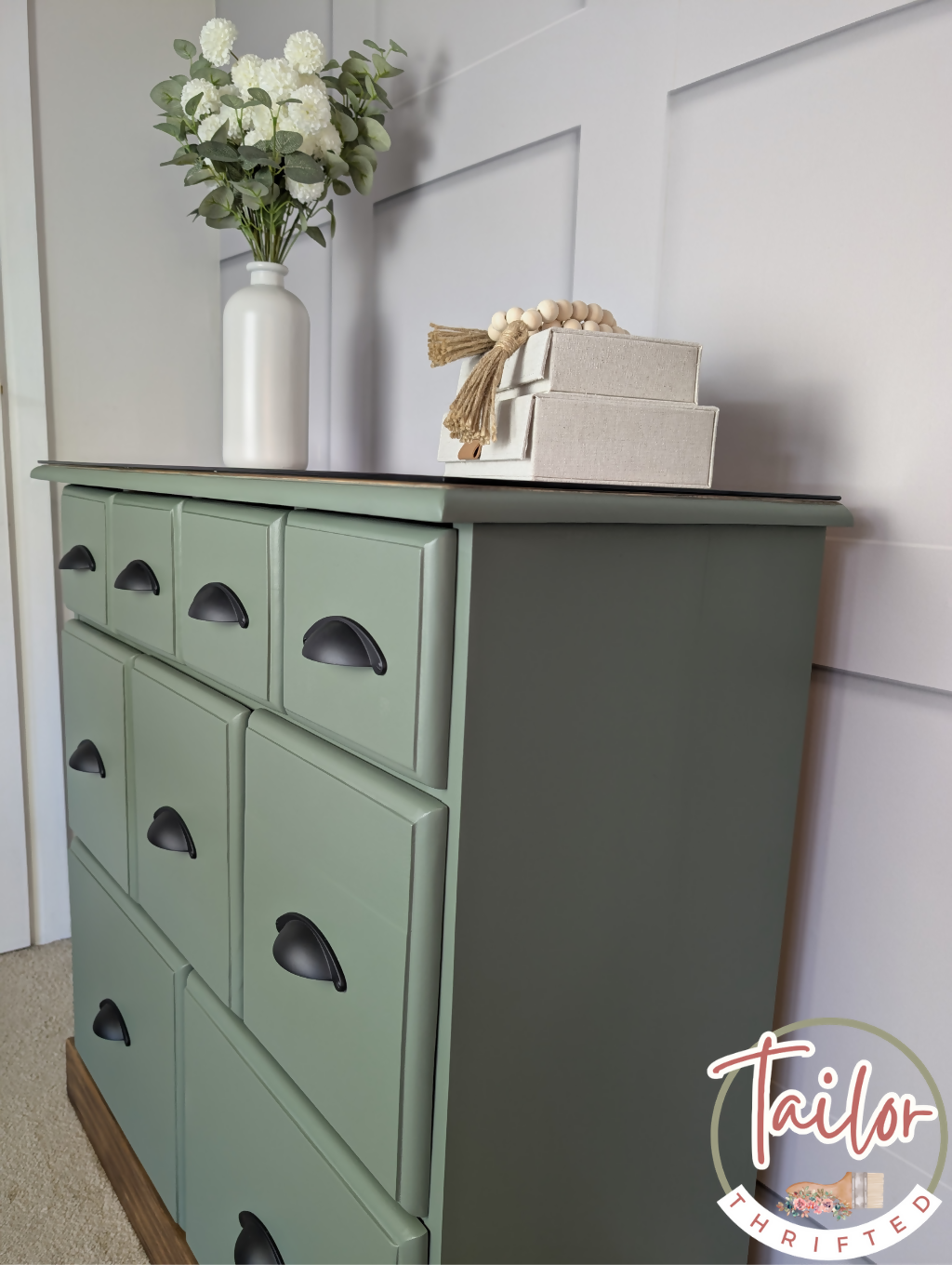 Professionally Upcycled 9-Drawer Captain's Chest – Sage Green & Dark Wood
