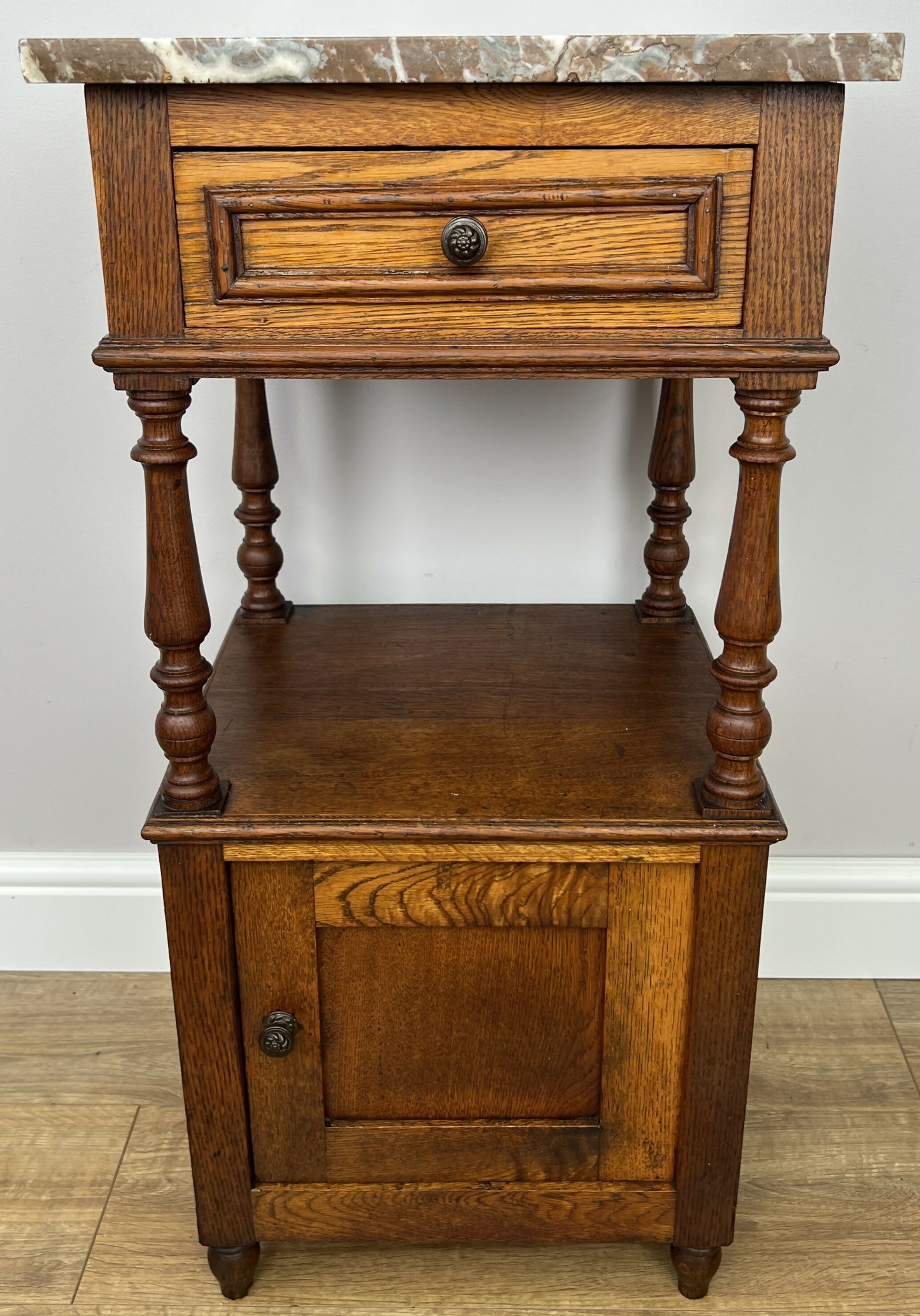 Bedside Table Antique French Style Marble Top Oak Cabinet Nightstand LOT 6243