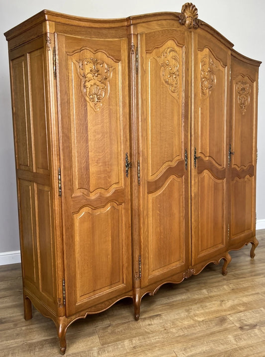 Wardrobe Vintage French Louis XVI Style Four Door Oak Carved Armoire LOT 4930