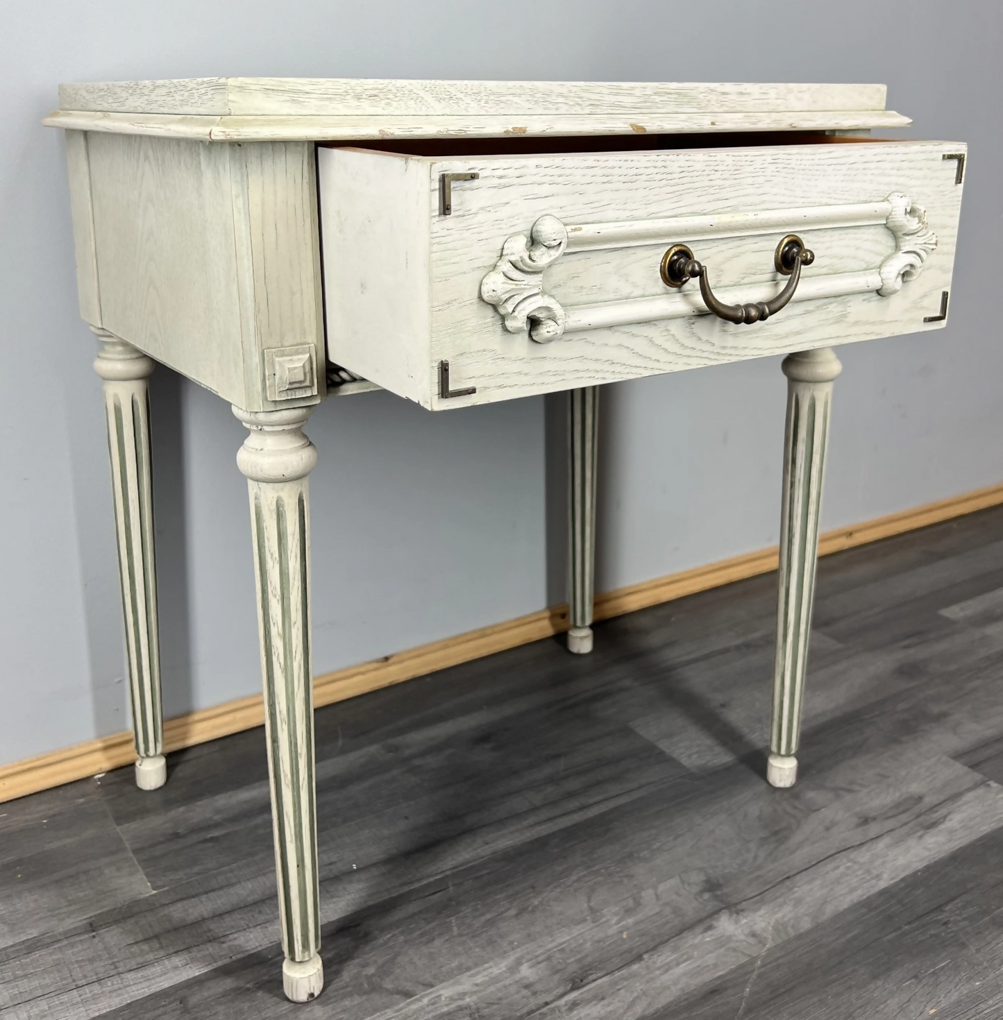 Bedside Table Vintage France Shabby Chic Painted Drawer Carved Cabinet LOT 4042