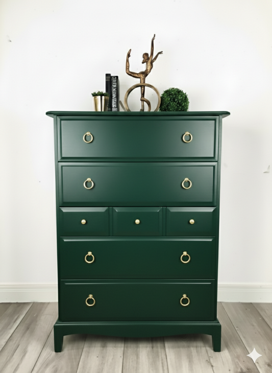 Stag minstrel tallboy chest of drawers in dark green