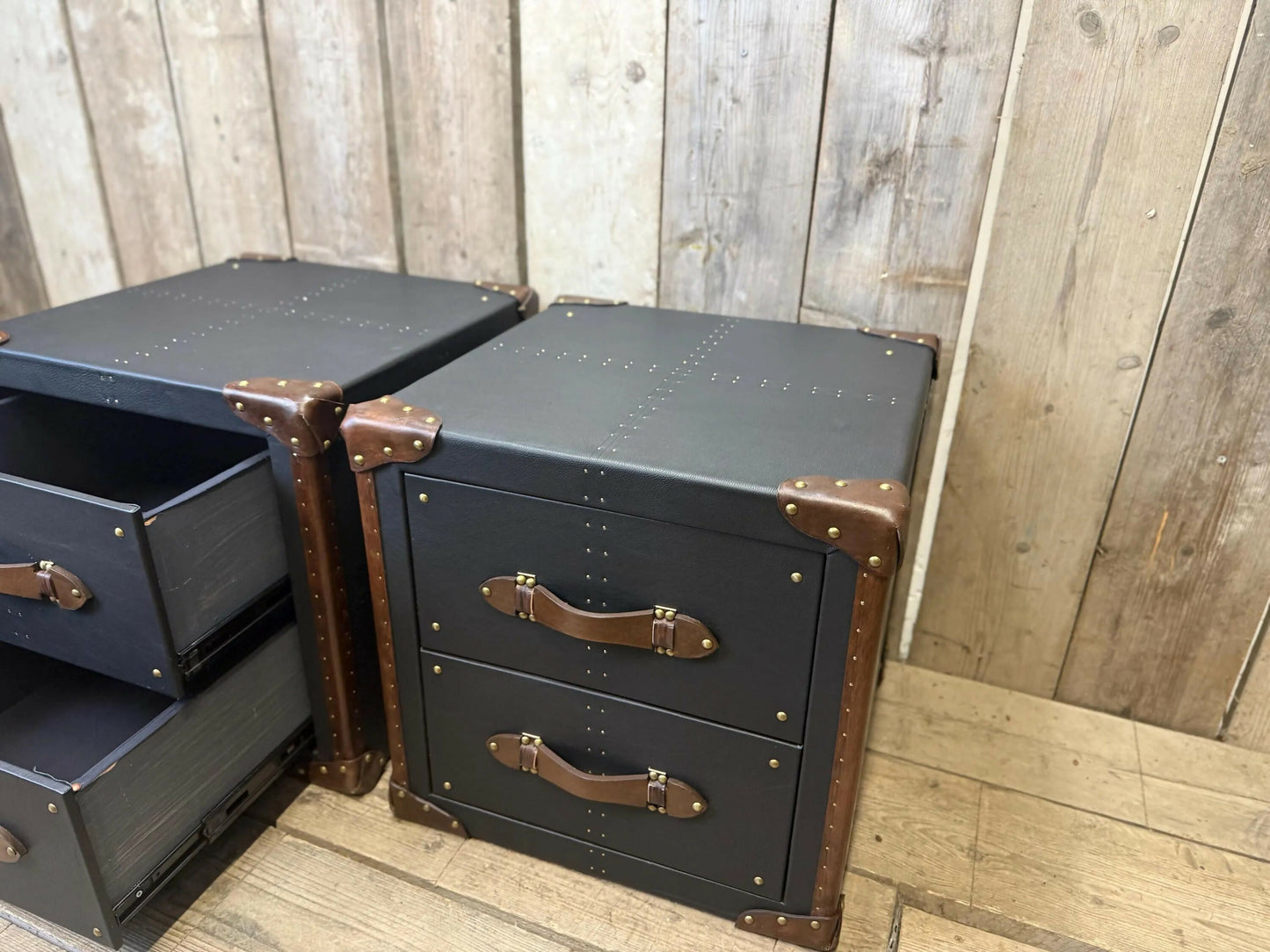 Black Leather Brown Trimmed Handmade Luxury Bedroom End Tables