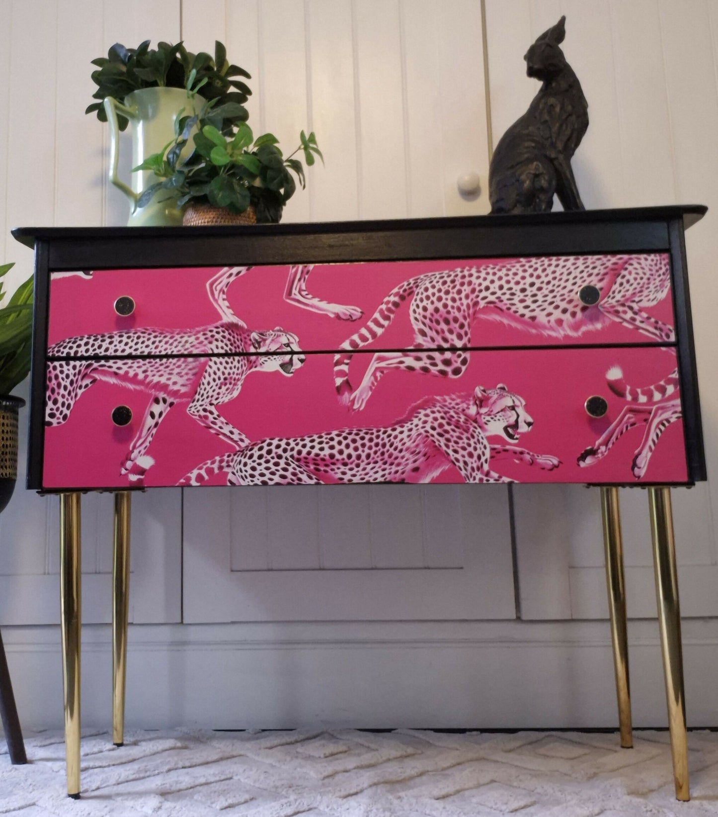 Hand Painted Vintage Mid-Century Modern Chest of Drawers: Black and Hot Pink Cheetah design