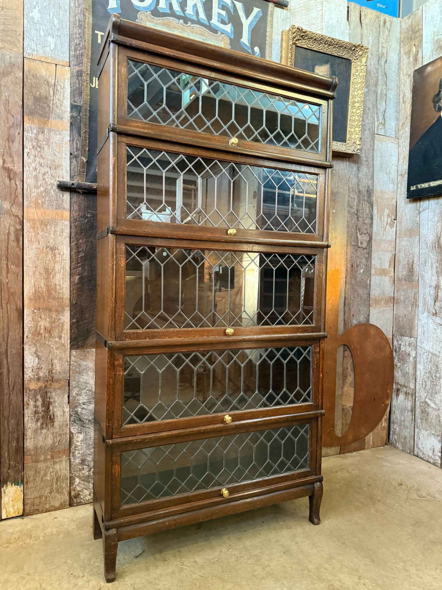 Antique Globe Wernicke Oak Five Stacking Modular Barristers Solicitors Office Glazed Bookcase Cabinet, c1930