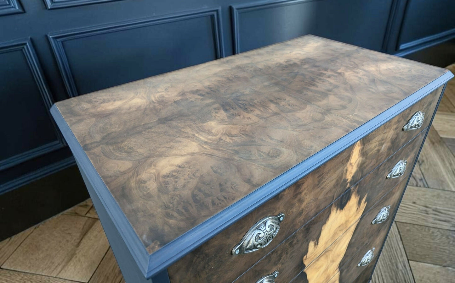 Vintage art deco navy blue walnut burr wood chest of drawers tallboy