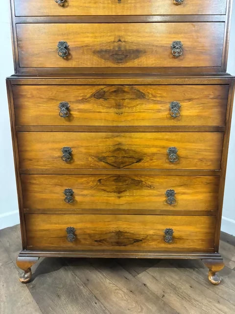 Vintage Walnut Chest On Chest – 8 Drawer Tallboy Chest