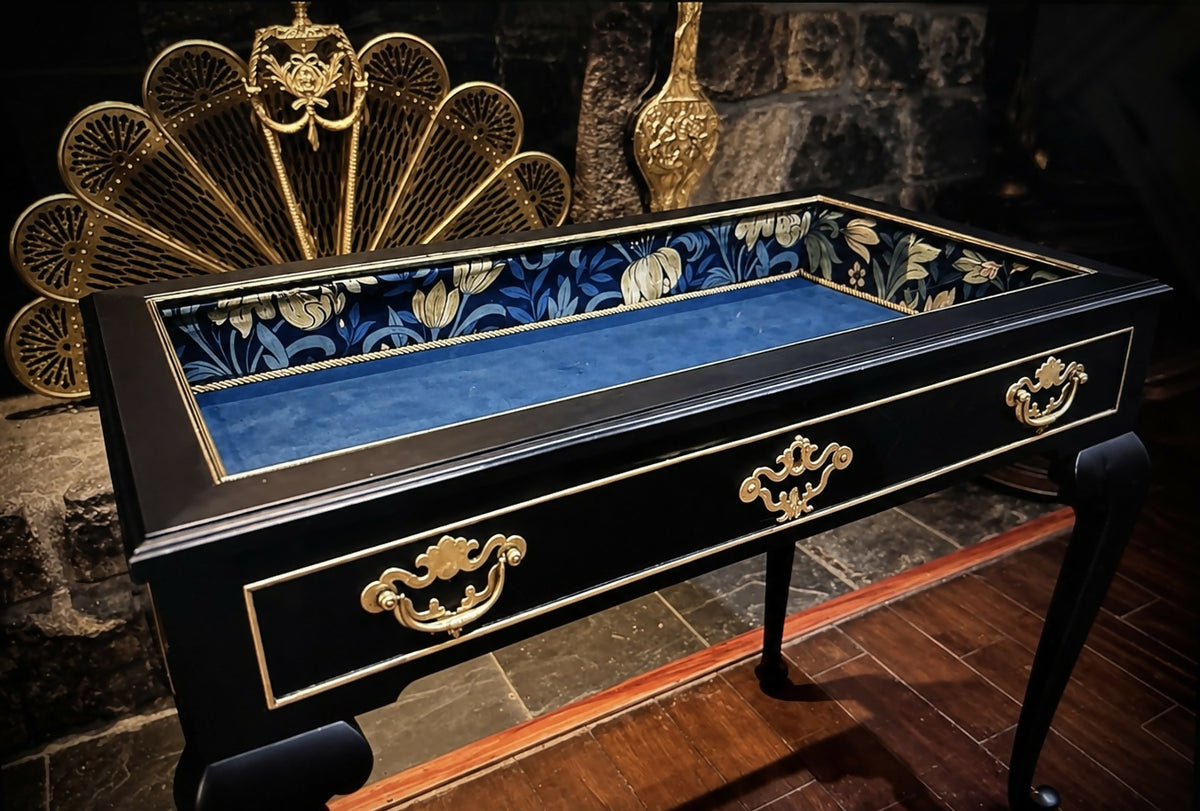 Vintage Queen Anne Style Bijouterie Jewellery Display Table in Black & Gold with William Morris Interior