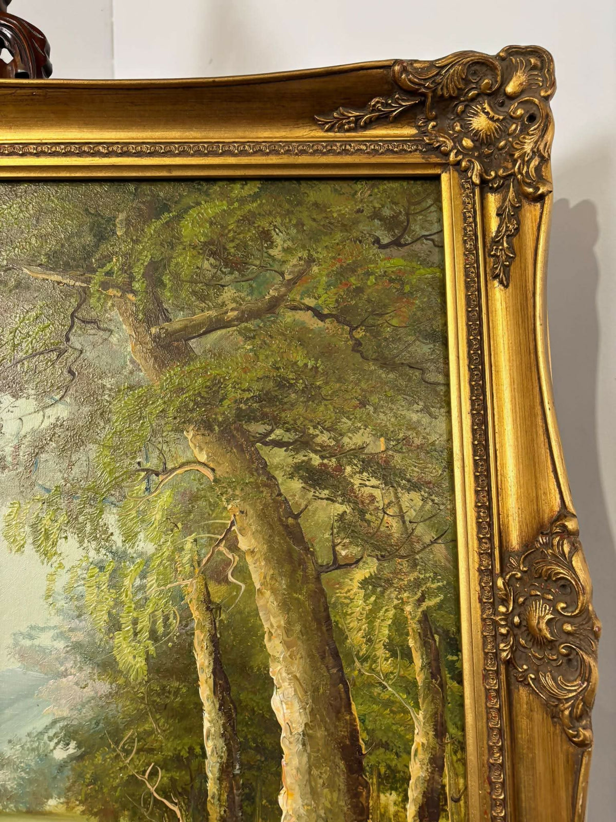 Large Signed Oil on Canvas – Woodland Cottage Landscape in Ornate Gilt Frame