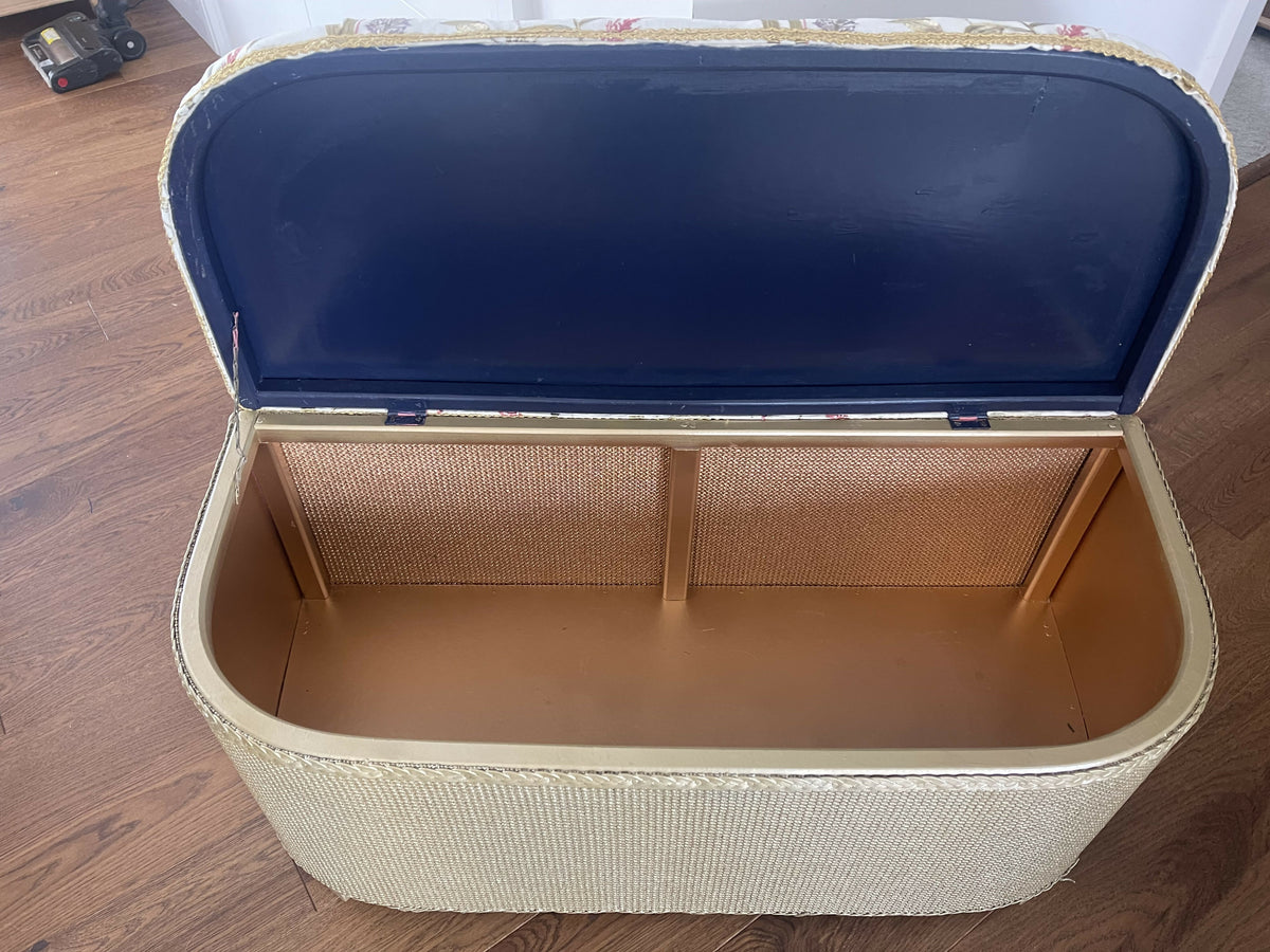 Gold painted mid century Ottoman with new marching cotton fabric top