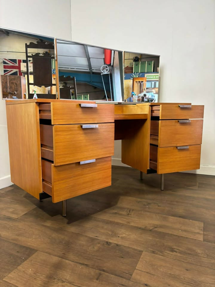 Mid Century Teak Stag Curved Triple Dressing Table