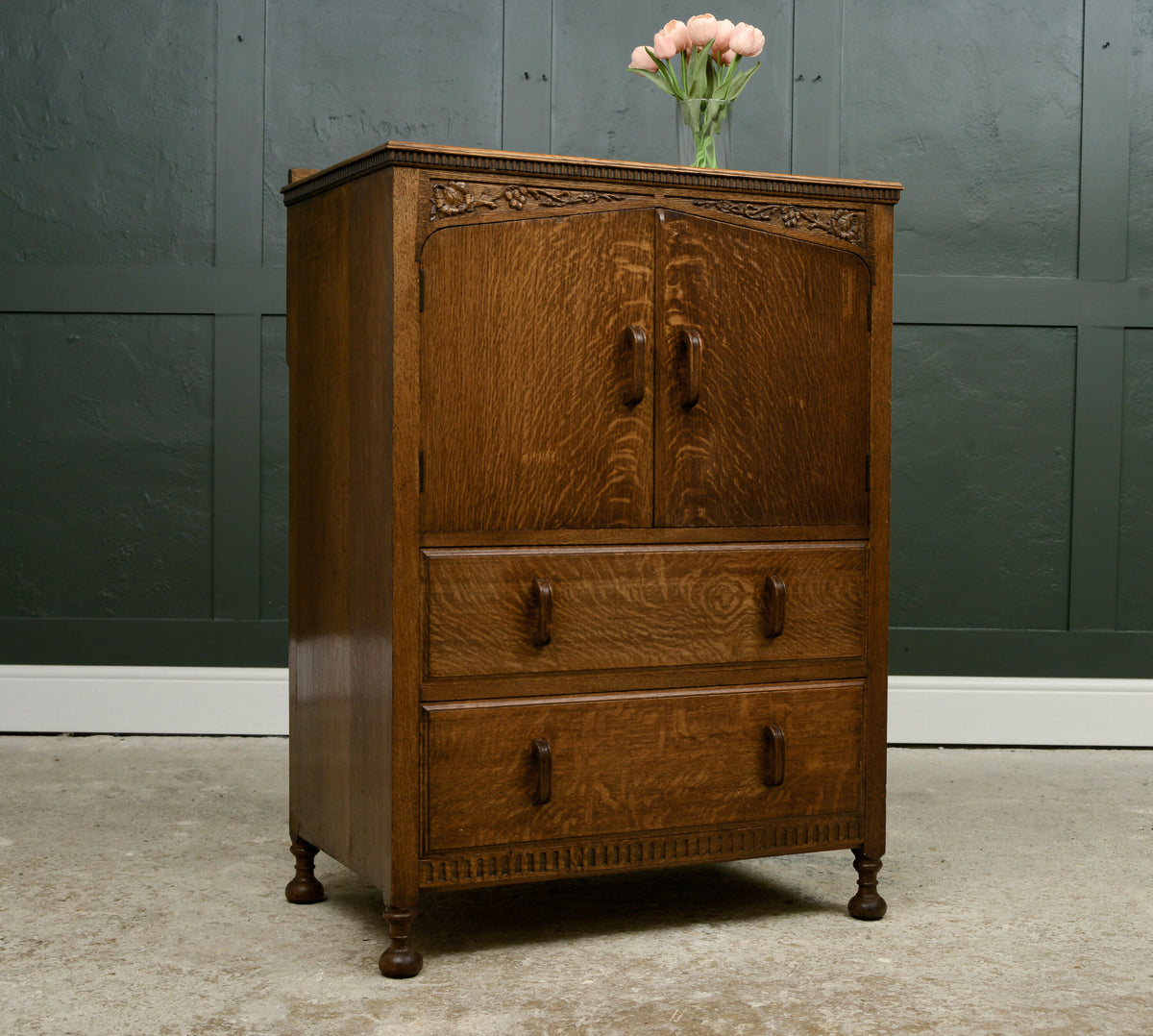 Art Deco Solid Oak Tallboy - Linen Cabinet - Cupboard Drawers