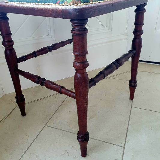 Beautiful, Antique Stool / Seat. MahoganyWood Frame With Turned Legs and Stretchers