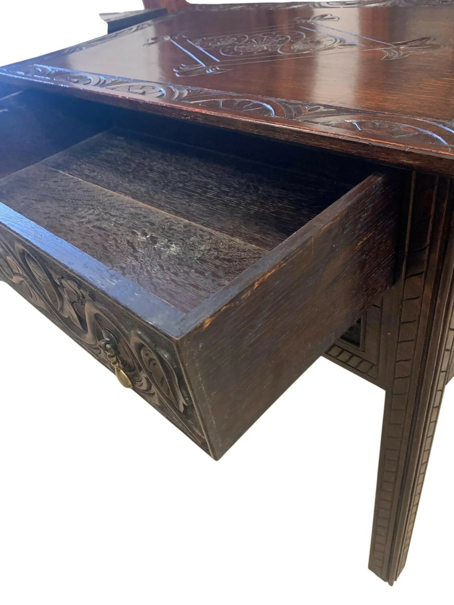 Antique Oak 19th C Gothic revival side tables chest of drawers