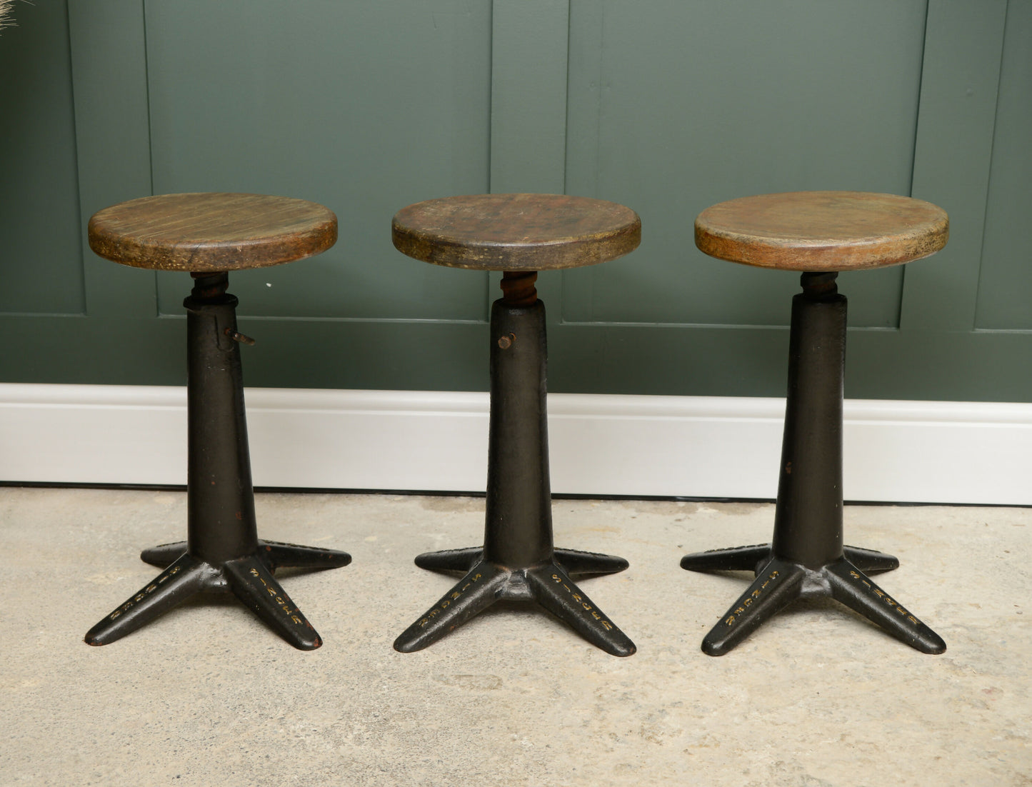 3 Antique Singer Sewing Machinists Stools - Cast Iron - Adjustable Height