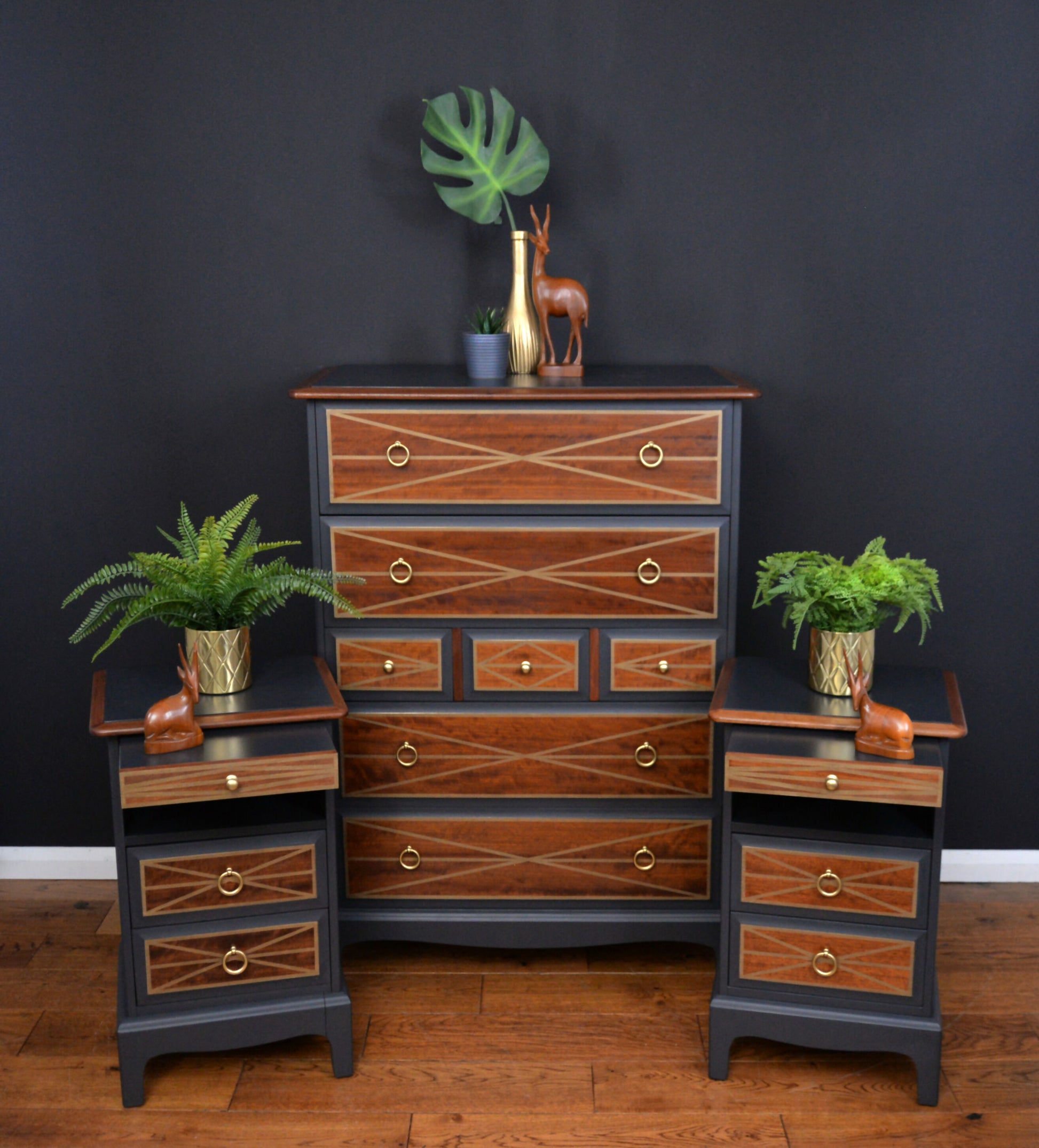 Stag ash tallboy and slim bedsides with tray