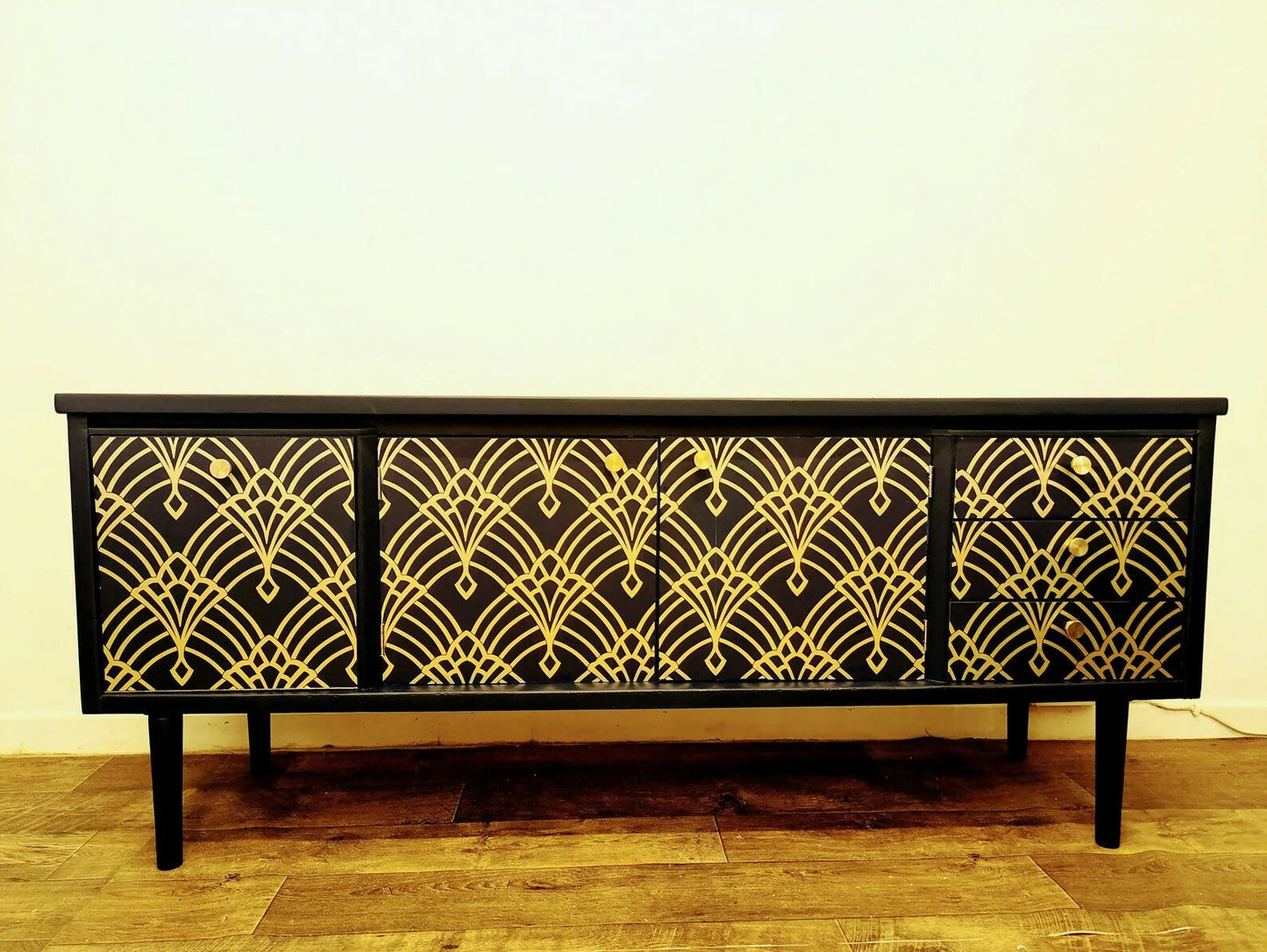 Vintage Midcentury Teak Sideboard: Navy & Gold Art Deco Cabinet