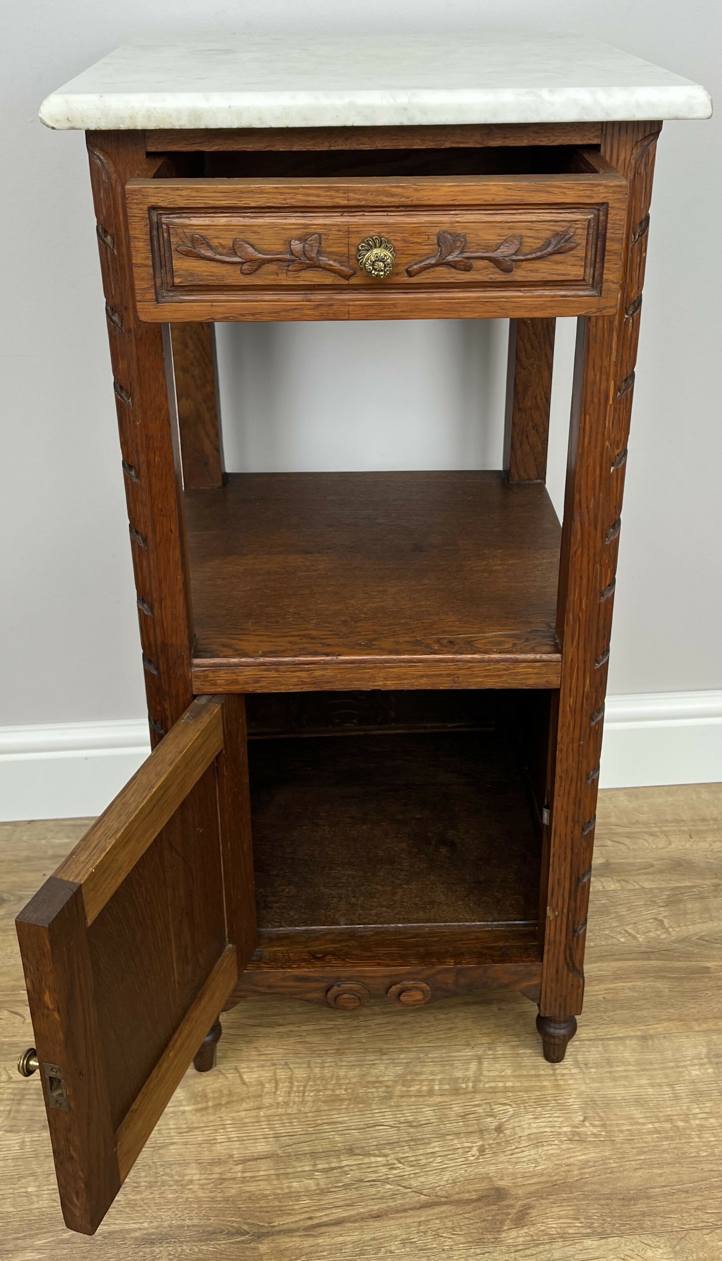 Bedside Table Antique French Style Marble Top Oak Cabinet Nightstand LOT 6240