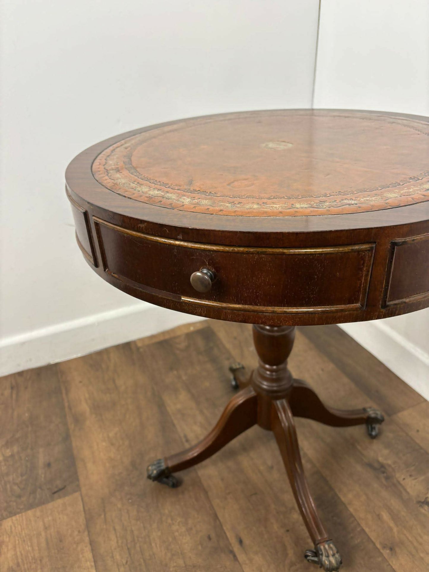 Vintage Reproduction Mahogany Drum Table with Leather Top