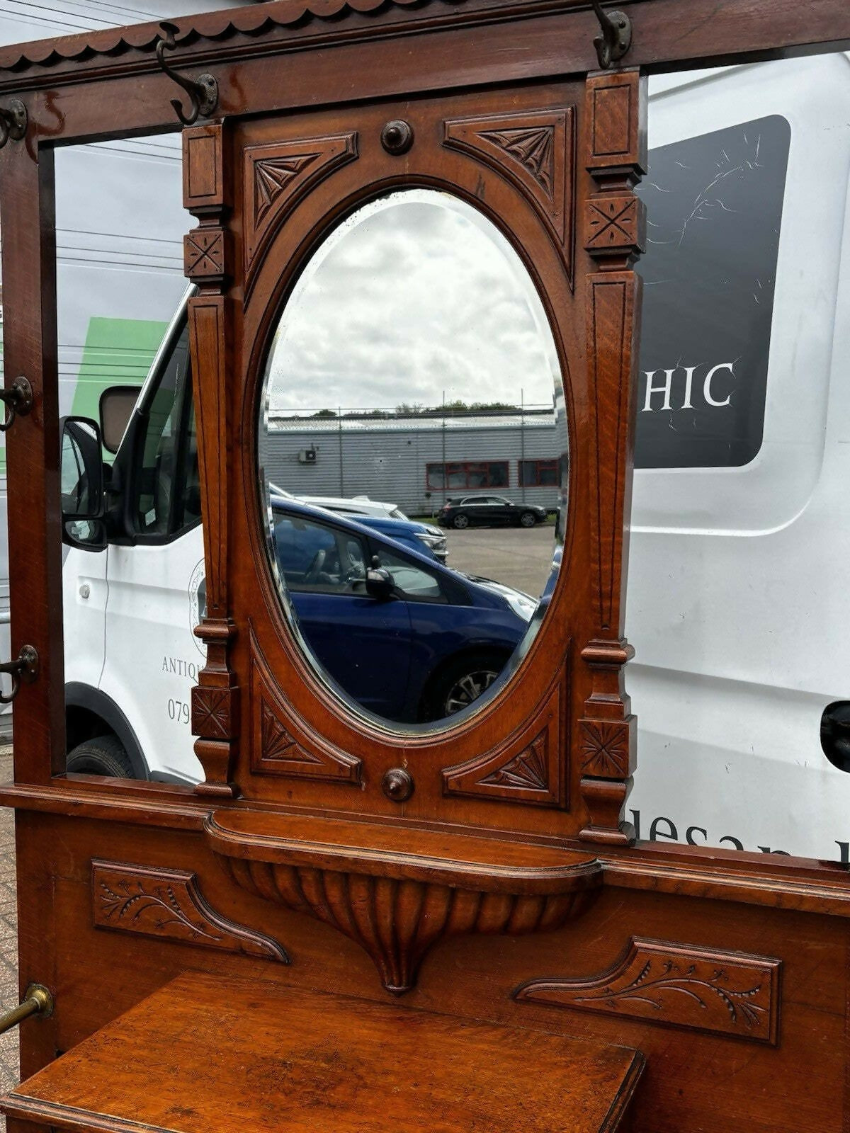 Edwardian Vintage Light Oak Hall Stand With Mirror, Drawer, Original Coat & Hat Hooks.