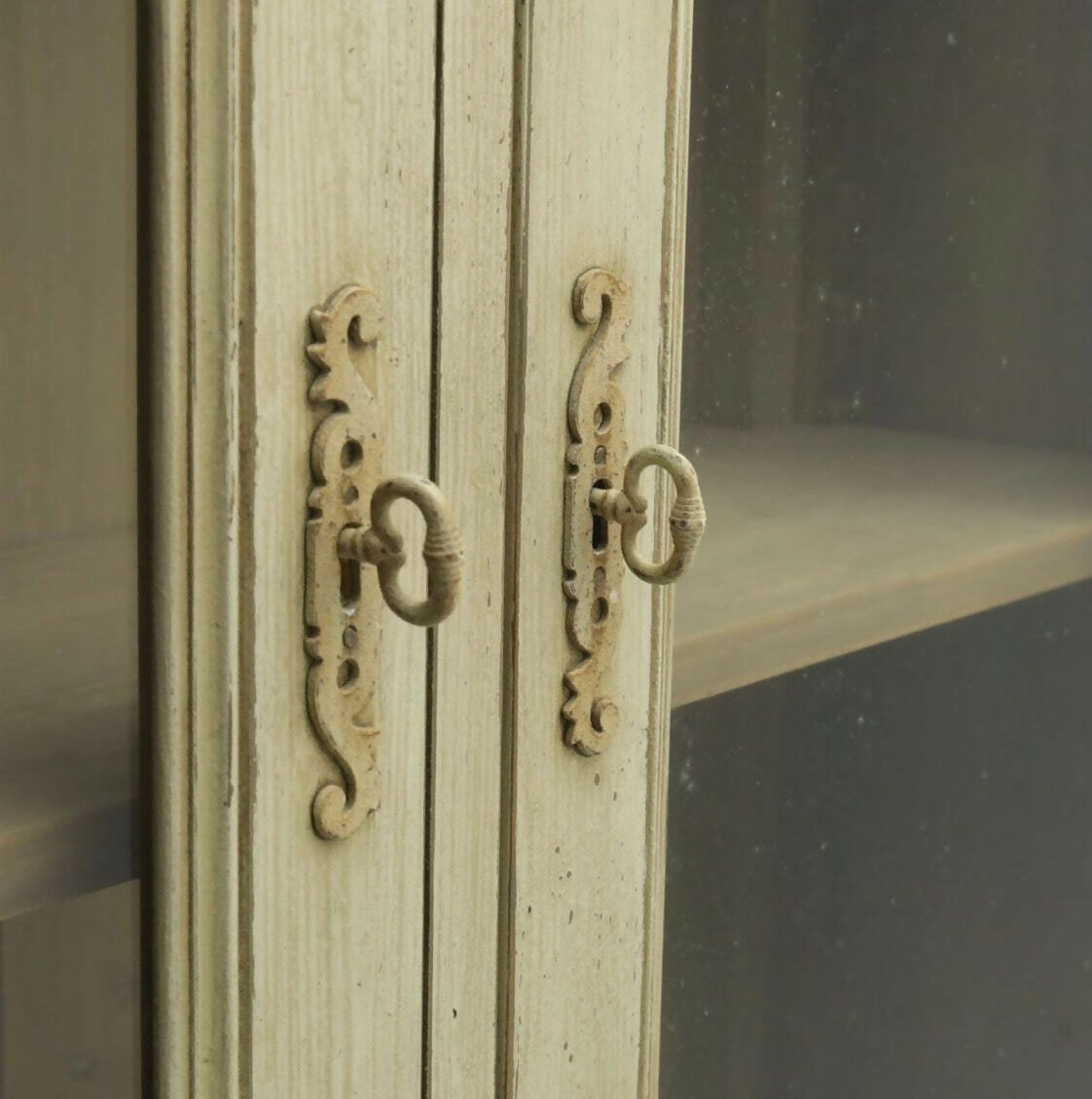 Vintage French Painted Pine display cabinet Glazed doors carving shelves cabrio