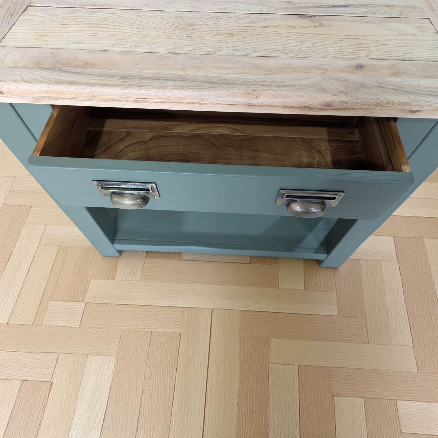 Solid oak green console table rustic hallway table with drawers and shelf