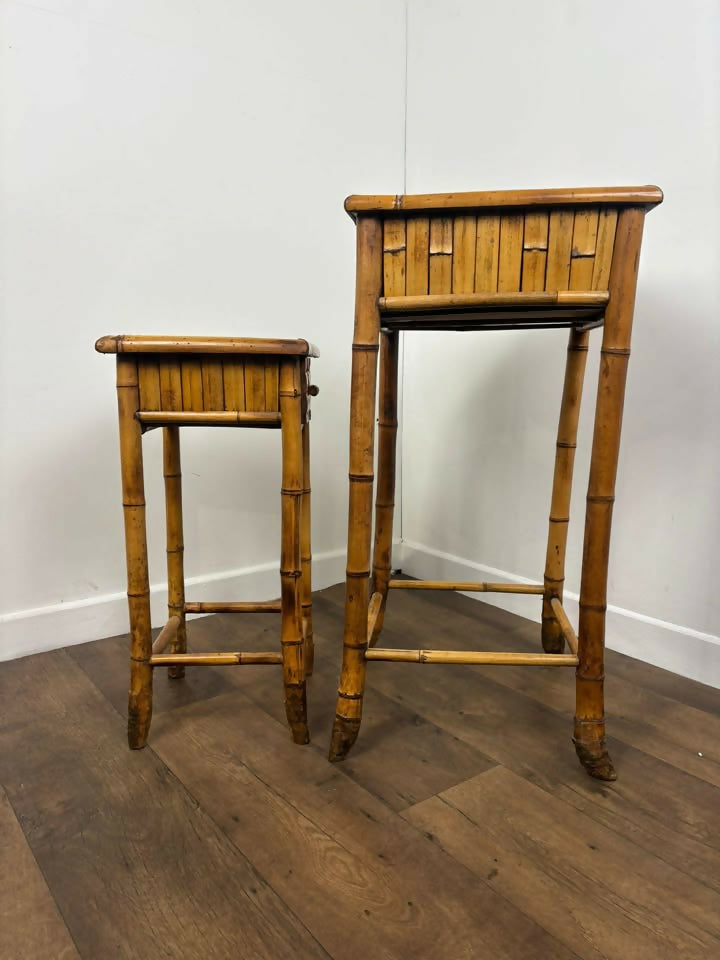 Pair of Vintage French Bamboo Side Tables with Hand-Painted Rose Detail