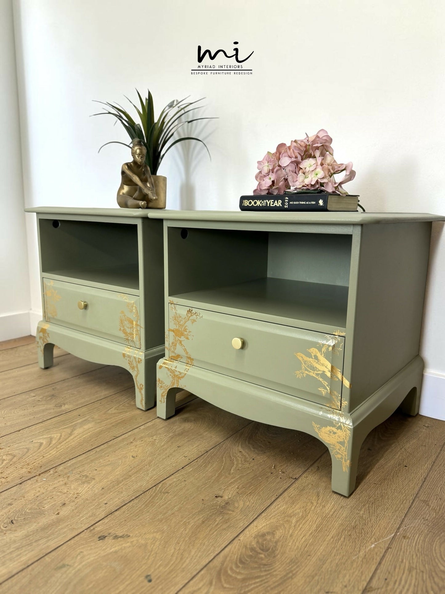 Stag Minstrel Bedside Tables In Pale Sage Green With Gold Foil Bird And Floral Design