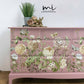 Refinished Stag Minstrel Captains Chest Of Drawers In Dusky Pink With Floral Design, large drawers, sideboard