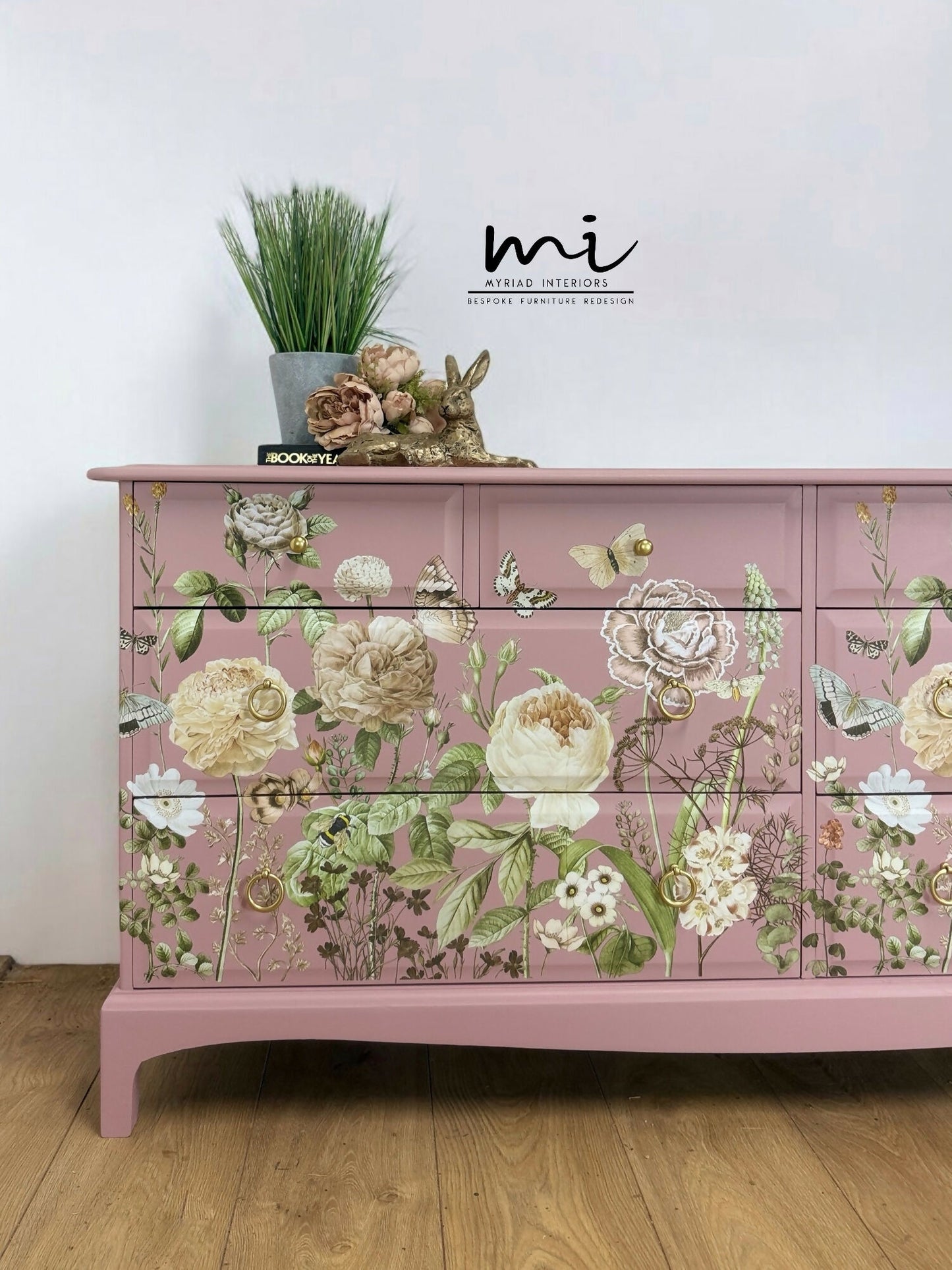 Refinished Stag Minstrel Captains Chest Of Drawers In Dusky Pink With Floral Design, large drawers, sideboard