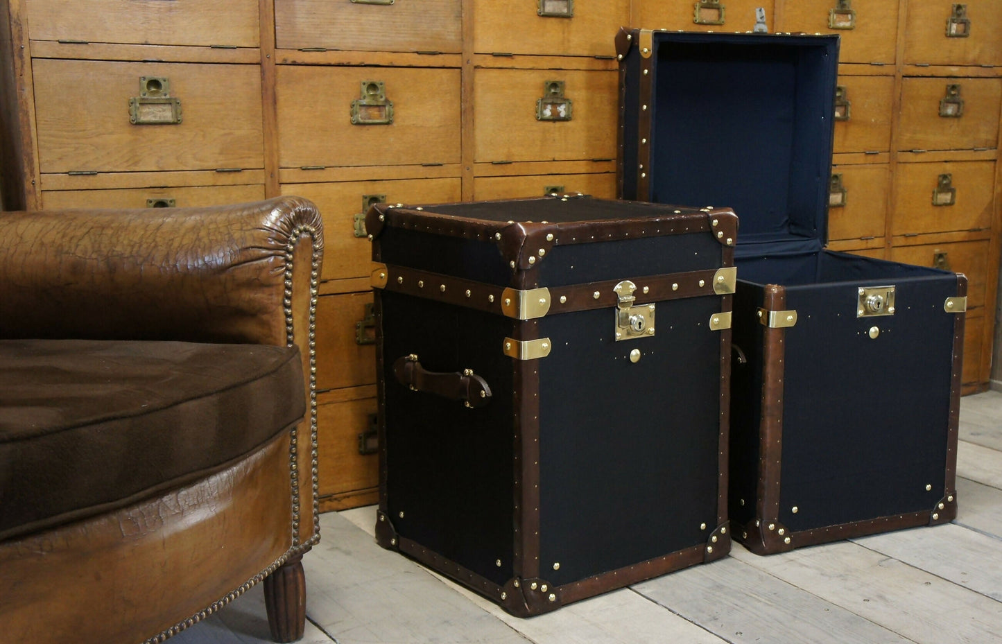 Black Vintage Handmade Bedside tables - English bespoke storage trunks