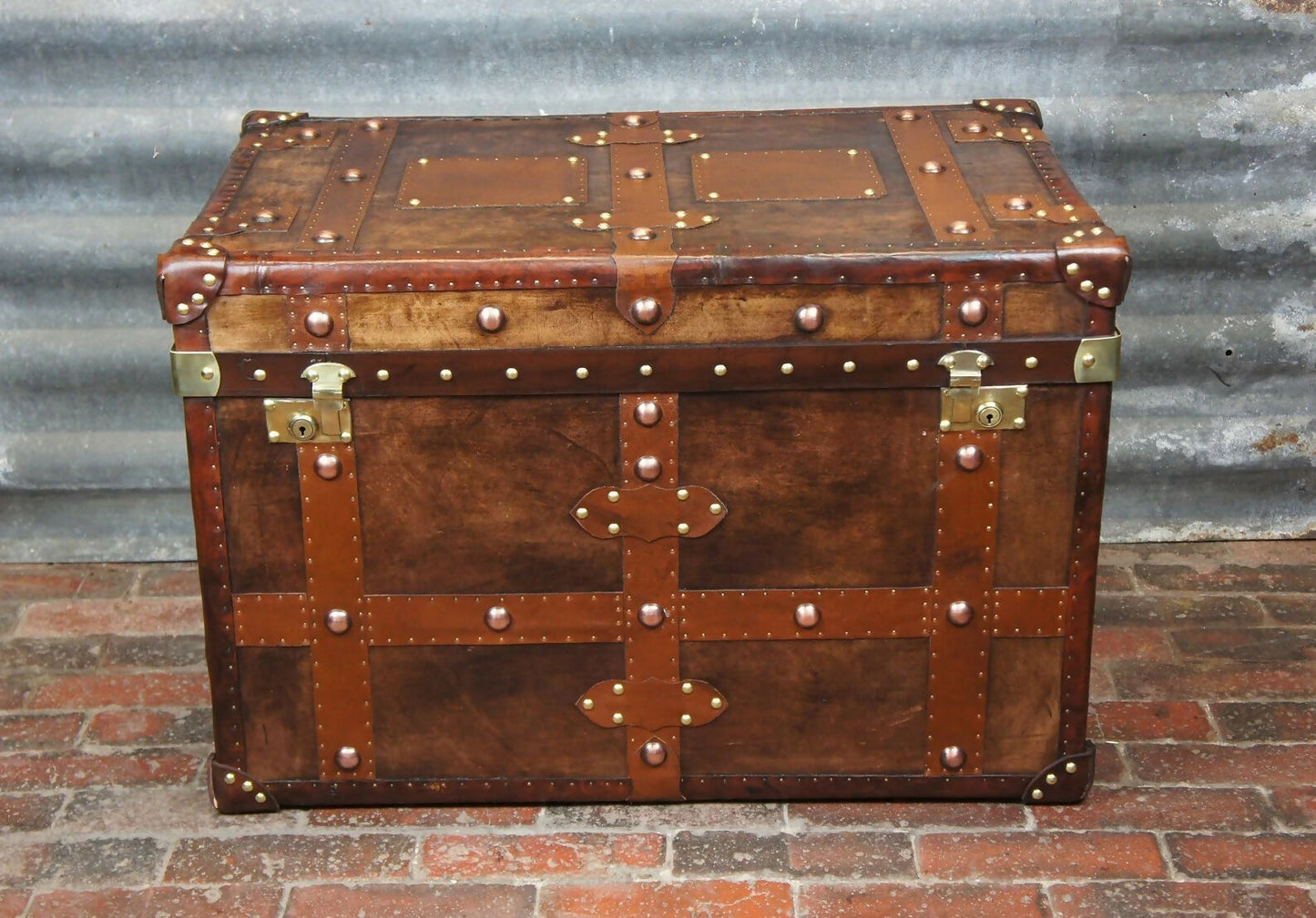 Vintage Inspired English Leather Steamer Trunk Interior Coffee Table End Table