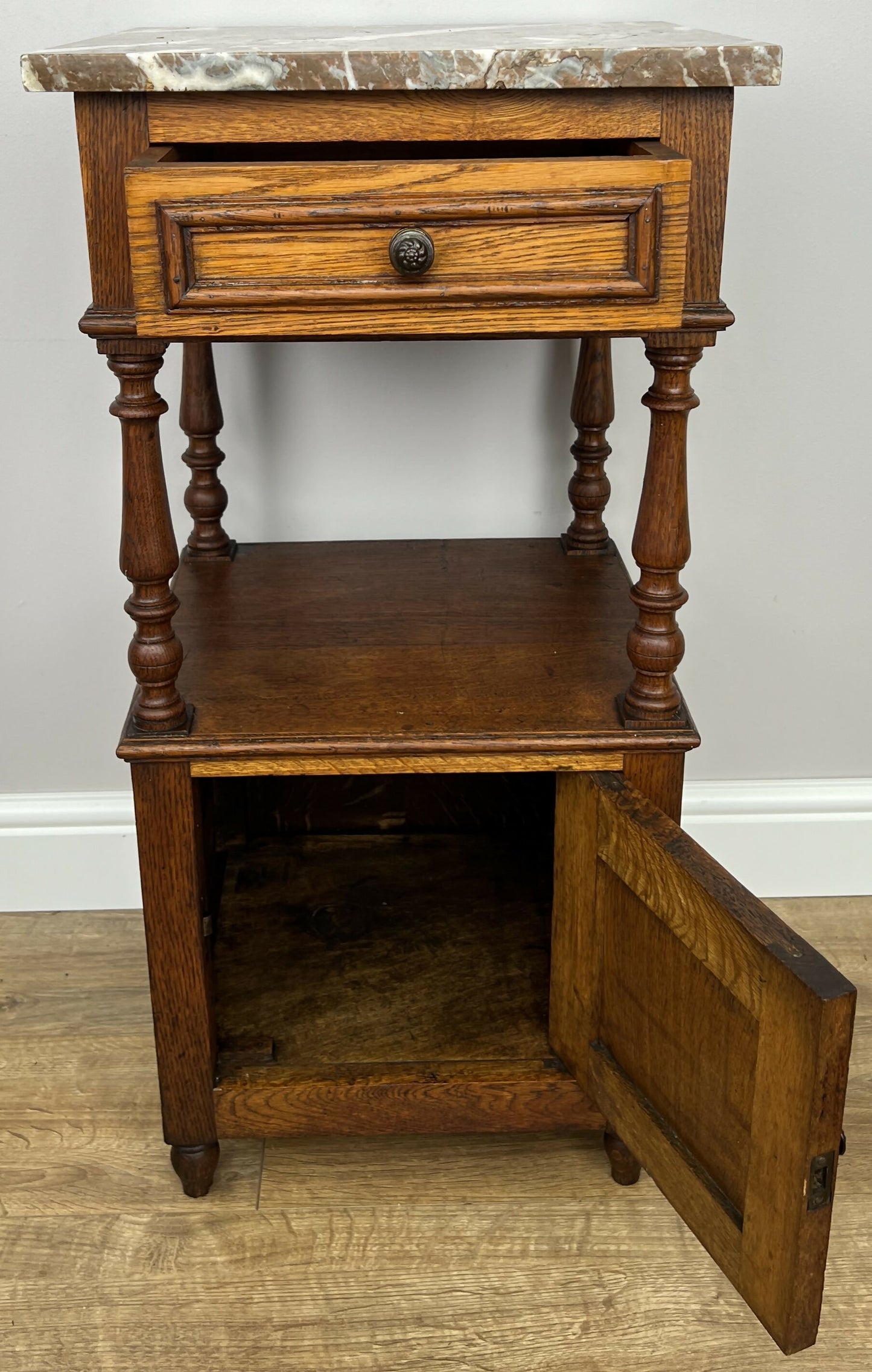 Bedside Table Antique French Style Marble Top Oak Cabinet Nightstand LOT 6243