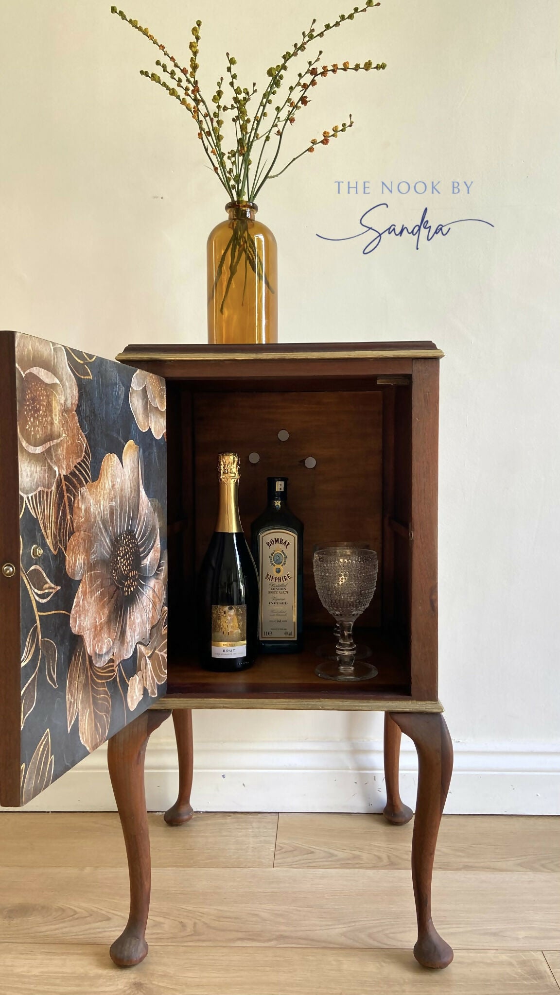 Statement Entryway Cabinet -Dark Botanical & Refinished Wood ,Small Drinks Cabinet ,Nightstand