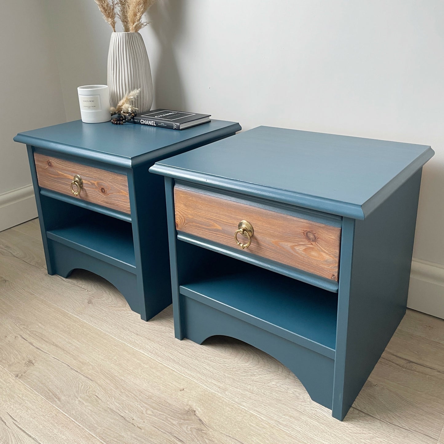 Pair of Navy Blue Vintage Bedside Tables | Mid Century Wooden Nightstands | Professionally Restored Furniture