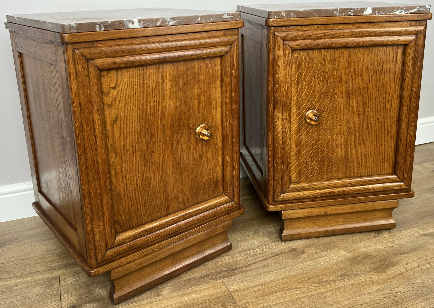 Pair of Bedside Tables Antique French Style Oak Marble Top Cabinets LOT 6218