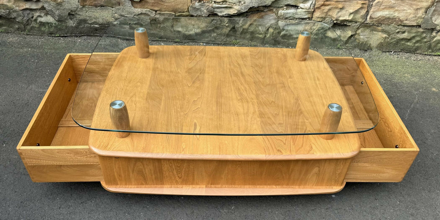 Ercol Light Elm Windsor Glass Top Coffee Table - Pandoras Box