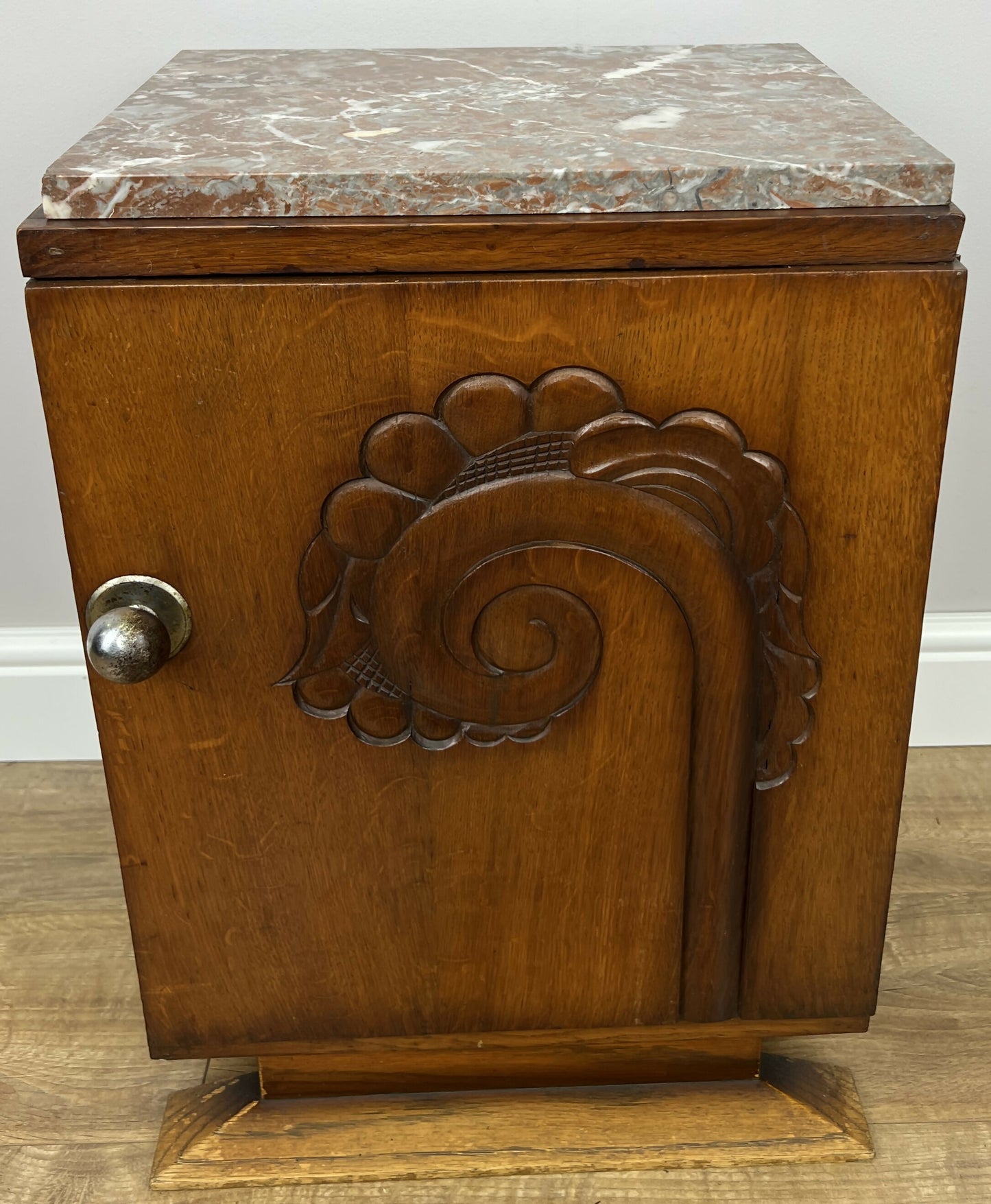 Bedside Table Antique French Art Deco Marble Top Oak Cabinet Nightstand LOT 6238