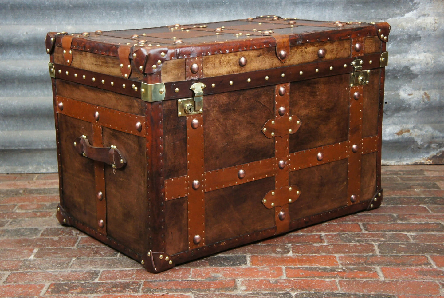 Vintage Inspired English Leather Steamer Trunk Interior Coffee Table End Table