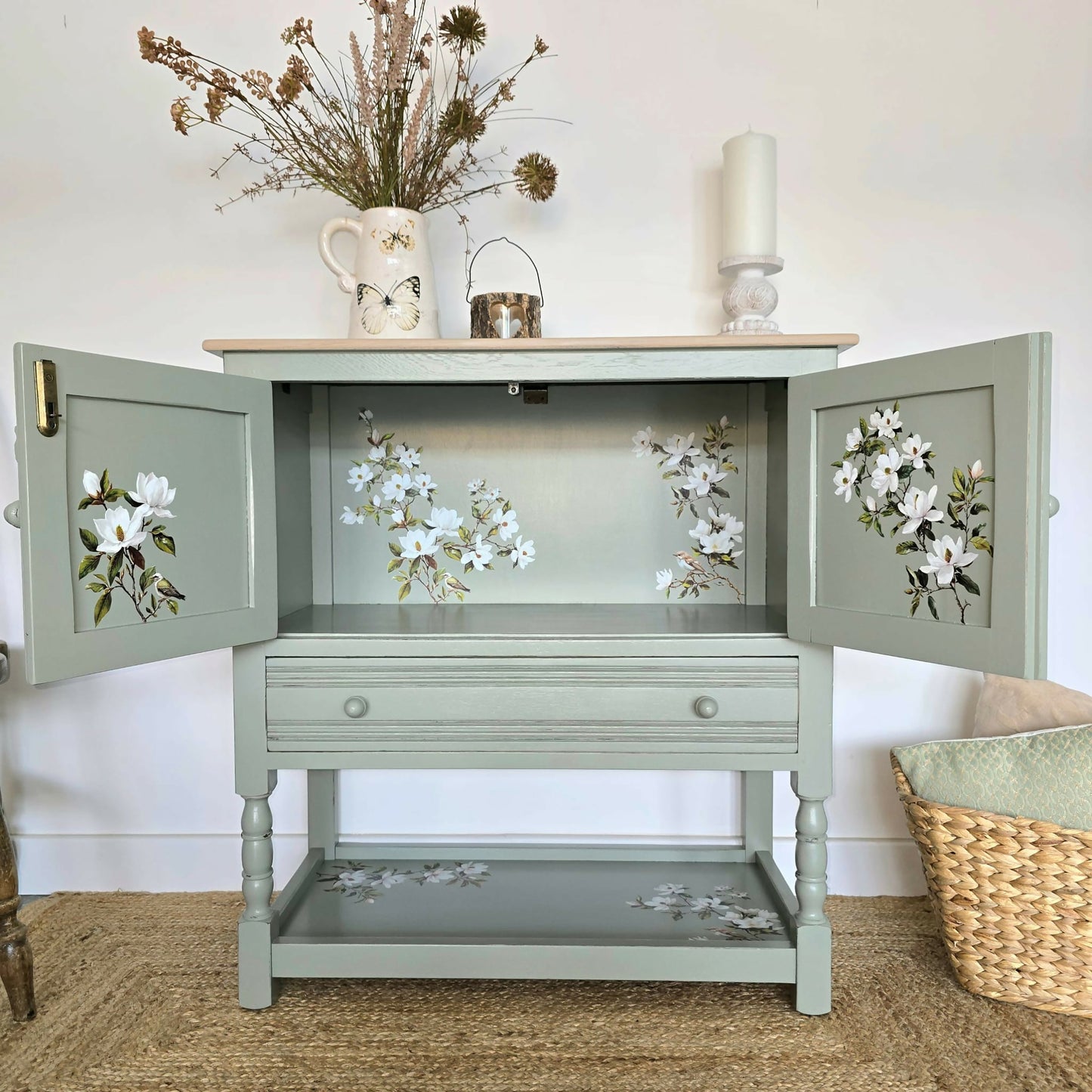 Upcycled Vintage Jaycee Linenfold Oak Sideboard, Cabinet in Sage Green