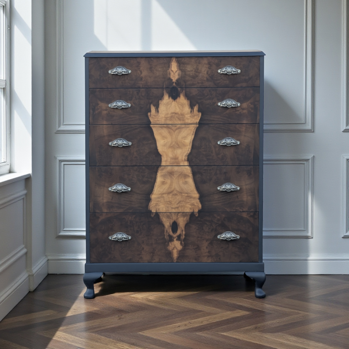 Vintage art deco navy blue walnut burr wood chest of drawers tallboy